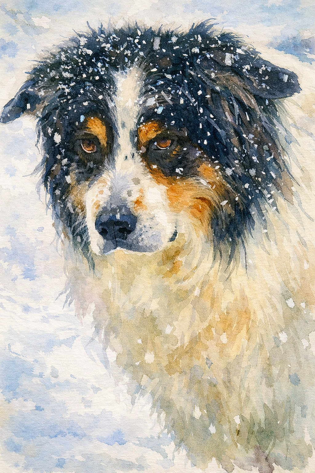 Jonas a rejoint le concours — aidez-le/la à gagner de superbes lots ! dog, watercolor, painting, portrait, snow, fur, winter, animal, art, canine, snowflakes, outdoor, nature, expression, face, closeup, colorful, soft, brushstrokes, texture