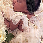 Kylie is registered to the contest to win money with this photo: newborn, baby, sleeping, portrait, headband, bow, dress, ruffles, flowers, blanket, fluffy, indoor, close_up, peaceful, infant, fashion, floral, soft_lighting, photography, celebration
