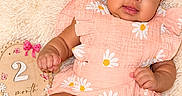 Kylie is registered to the contest to win money with this photo: baby, infant, child, portrait, smiling, sitting, peach_outfit, floral_clothing, headband, bow, blanket, fluffy_blanket, milestone_photo, two_months, nursery, flowers, pastel_colors, indoor, happy, close_up