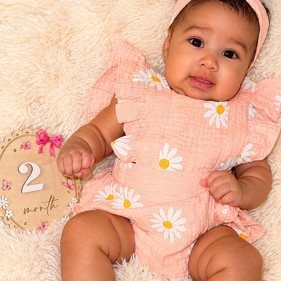 Kylie is registered to the contest to win money with this photo: baby, infant, child, portrait, smiling, sitting, peach_outfit, floral_clothing, headband, bow, blanket, fluffy_blanket, milestone_photo, two_months, nursery, flowers, pastel_colors, indoor, happy, close_up