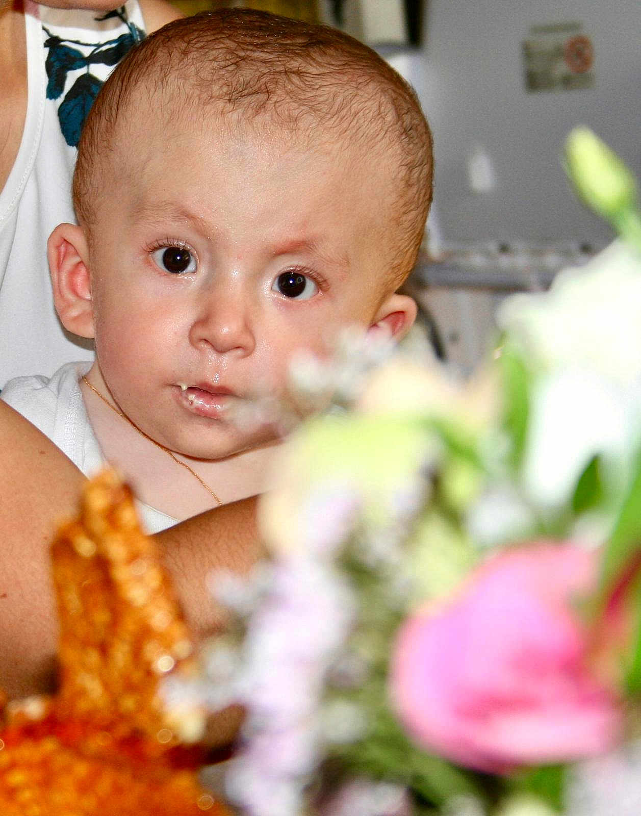 Marie participe au concours pour gagner de l'argent avec cette photo : baby, child, face, eyes, person, adult, arm, flower, blurred_background, skin, hair, portrait, closeup, curious, indoor, holding, white_clothing, necklace, expression, head