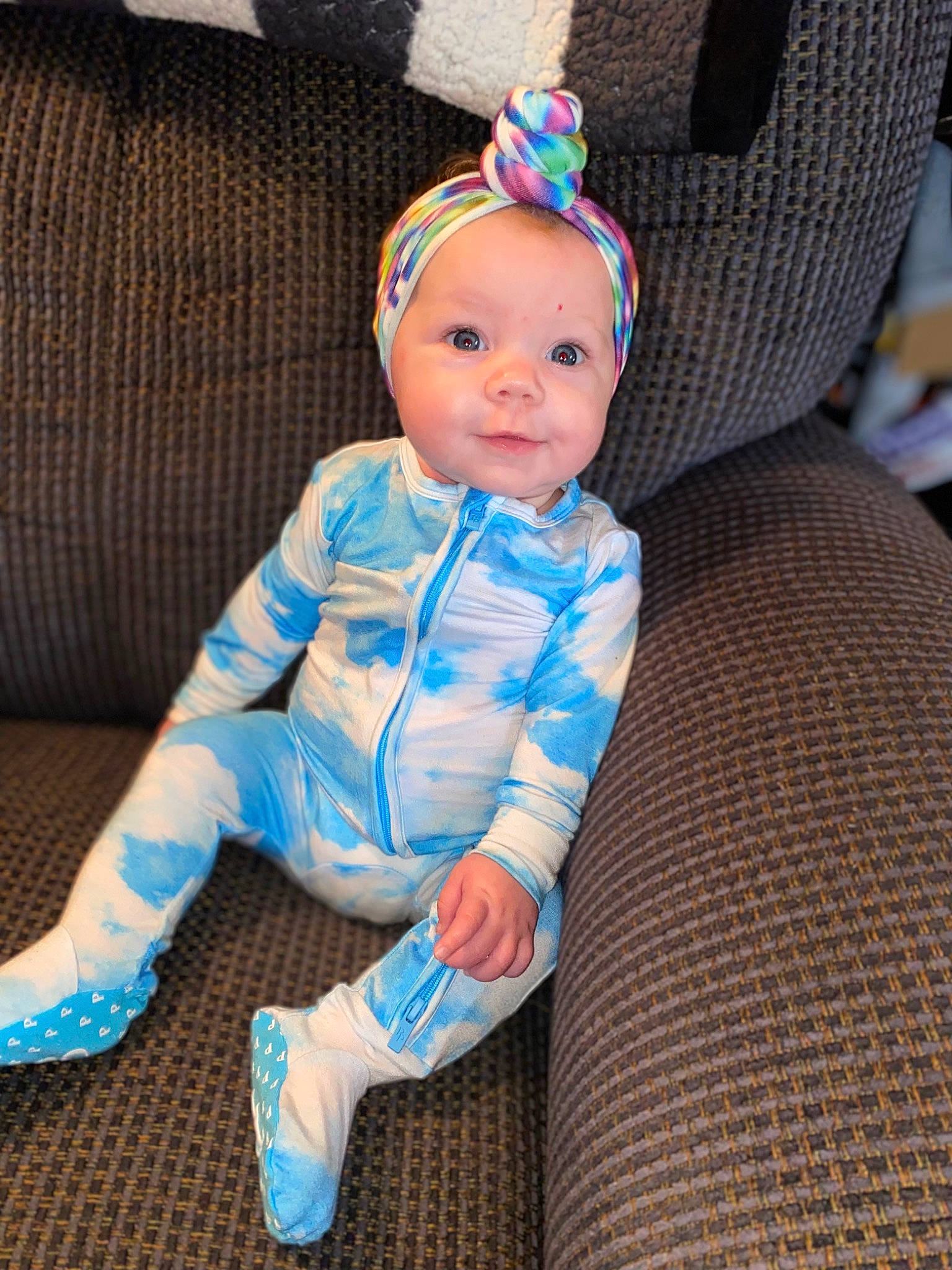 Jazlyn joined the competition — help win amazing prizes! baby, baby_products, baby_toddler_clothing, cap, child, comfort, costume_hat, couch, electric_blue, eye, fashion_accessory, fur, hat, head, headwear, linens, pattern, person, sitting, sleeve