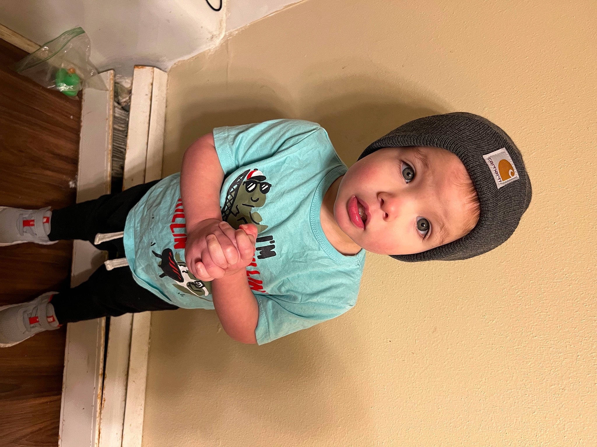 Oliver joined the competition — help win amazing prizes! baby, baby_toddler_clothing, child, comfort, elbow, finger, fun, hat, headwear, person, room, skin, surprise, toddler, wood