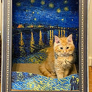 Stamp is registered to the contest to win money with this photo: kitten, cat, orange_cat, fluffy, painting, van_gogh_style, starry_night, frame, art, decor, blue, yellow, indoor, feline, animal, portrait, collar, cute, pet, sitting