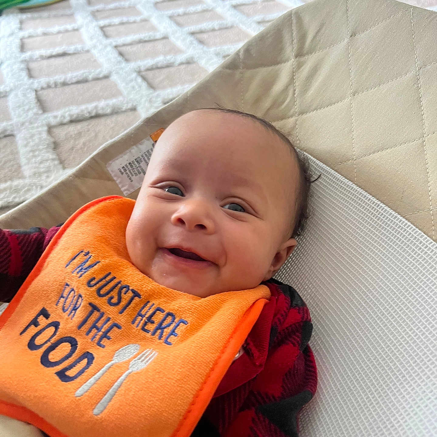 Keena is registered to the contest to win money with this photo: baby, baby_seat, bib, carpet, cheerful, closeup, cushion, face, floor, happy, head, indoors, infant, mouth_open, person, plaid, red_clothing, smile, text_on_bib, toy