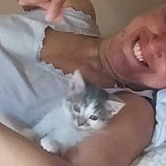 Kiwi Guidara participe au concours pour gagner de l'argent avec cette photo : arm, bed, blanket, cat, close_up, cuddling, domestic_animal, fur, happy, indoor, kitten, lying_down, necklace, person, pet, pillow, portrait, sleeveless_top, smiling, young_cat
