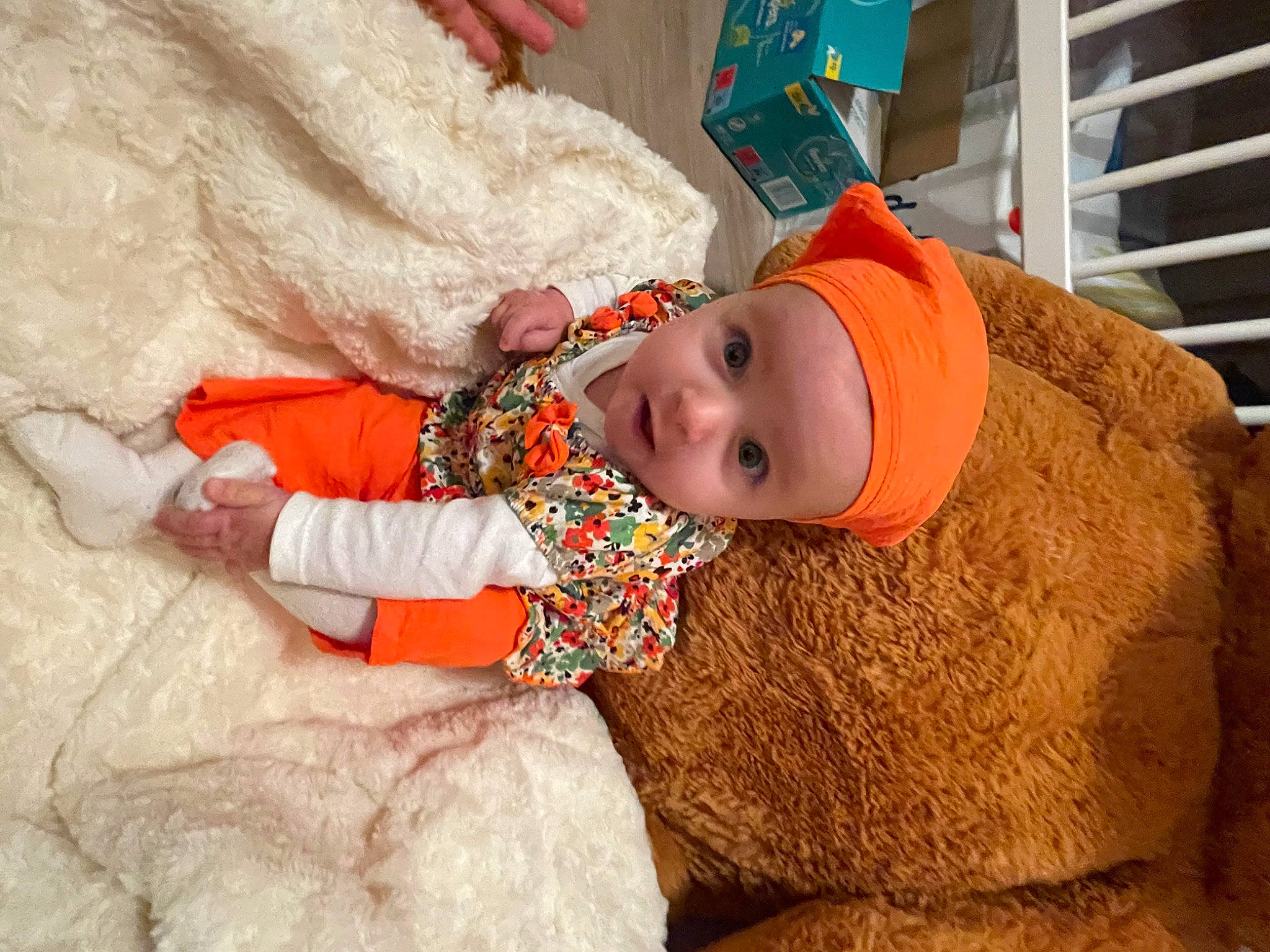 Athéna a rejoint le concours — aidez-le/la à gagner de superbes lots ! baby, baby_products, baby_sleeping, baby_toddler_clothing, cap, child, comfort, eye, face, fun, fur, happy, hat, headwear, linens, mammal, orange, person, room, skin