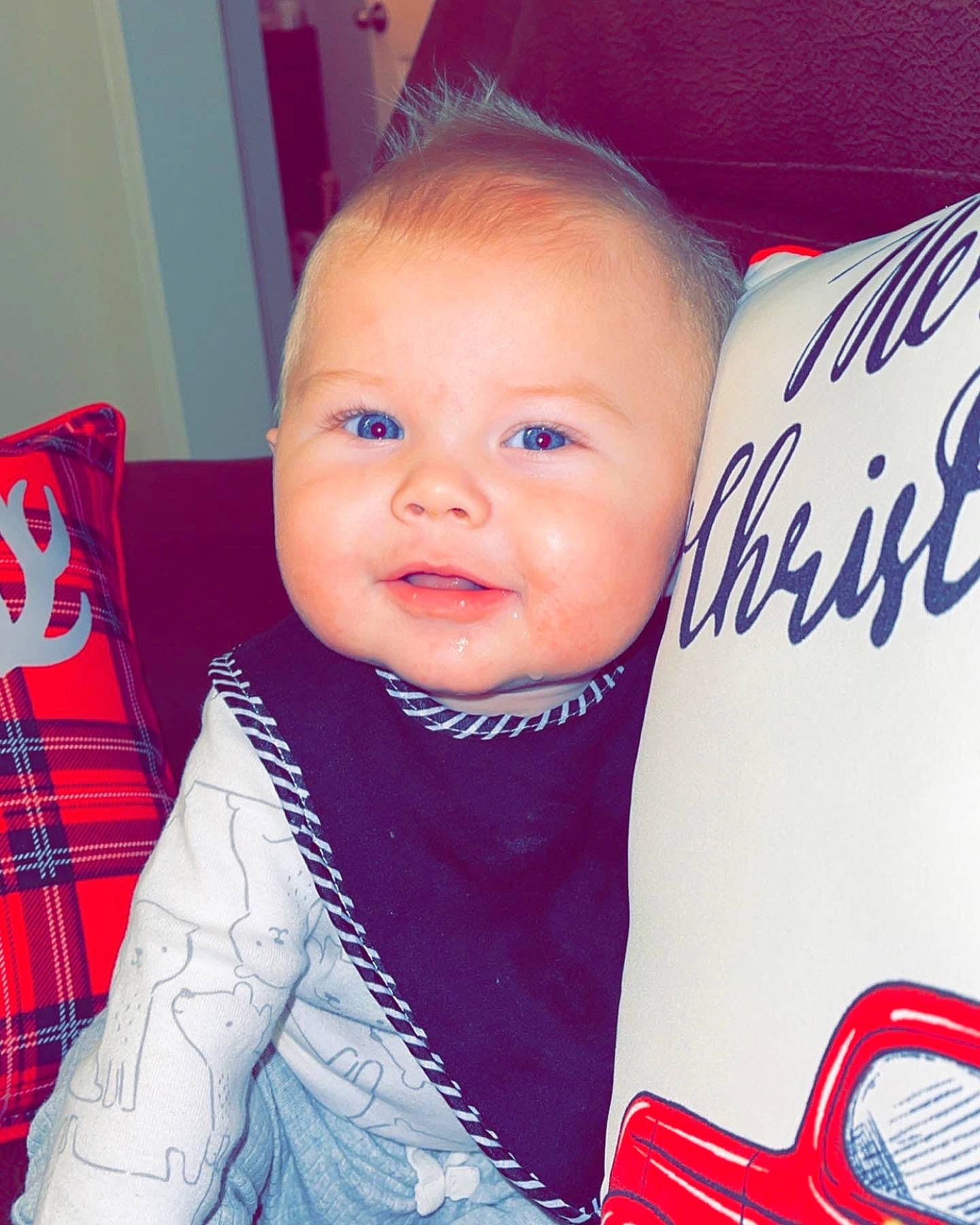 Hudson joined the competition — help win amazing prizes! baby, baby_toddler_clothing, child, cool, design, electric_blue, eye, face, happy, iris, lip, person, pink, red, sleeve, smile, t_shirt, tartan, textile, toddler