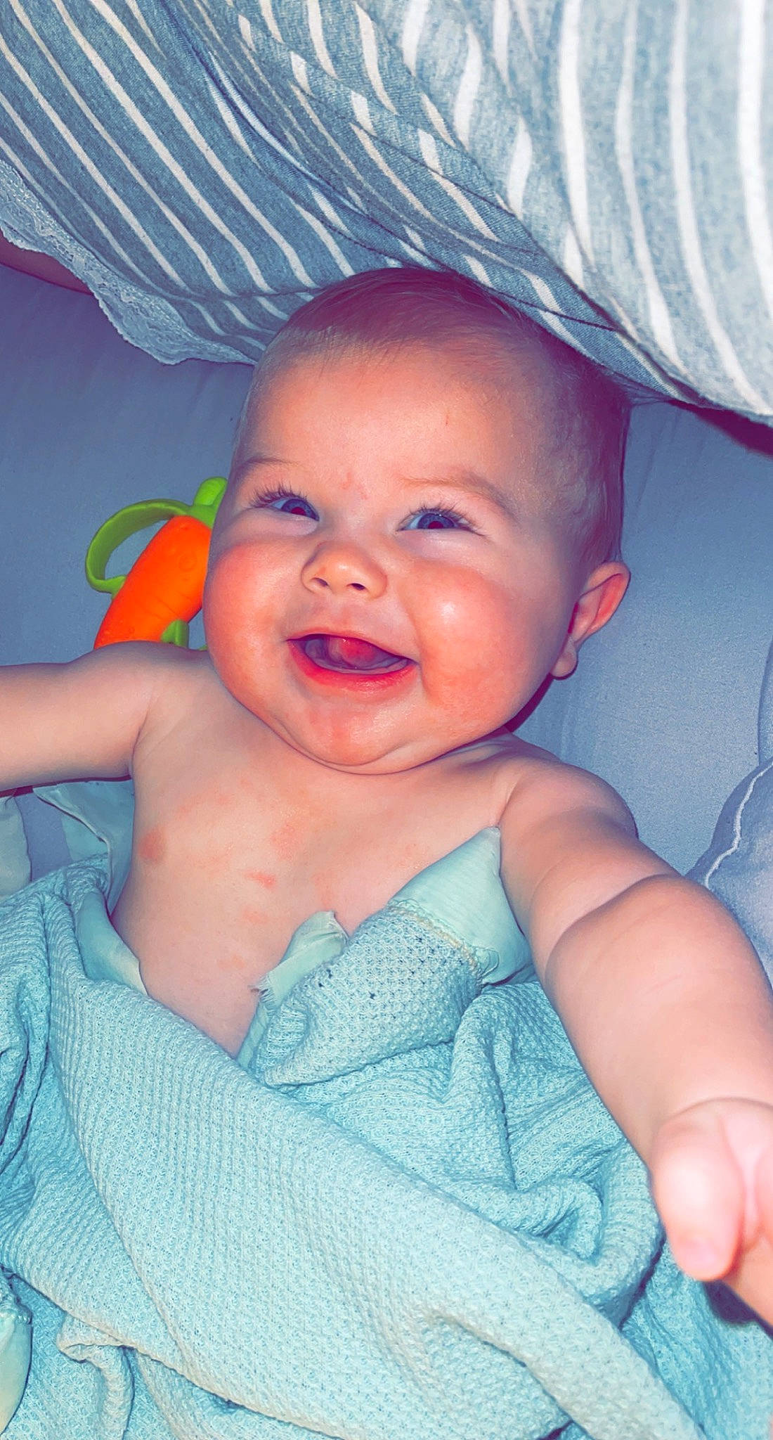 Hudson joined the competition — help win amazing prizes! azure, baby_toddler_clothing, blue, cheek, chin, eye, face, facial_expression, hairstyle, hand, human, iris, mouth, muscle, nose, organ, person, product, skin, smile