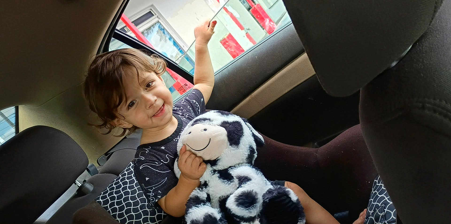 Emerson is registered to the contest to win money with this photo: child, toddler, curly_hair, smile, plush_toy, cow_stuffed_animal, car_interior, rear_seat, headrest, window, seat_cover, upholstery, happy, playful, arm, toy, portrait, candid, family_trip, car_seat_pattern