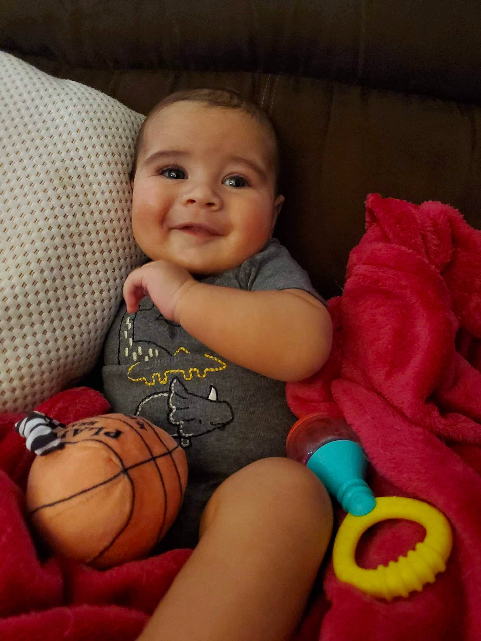 Luka joined the competition — help win amazing prizes! baby, baby_playing_with_toys, baby_toddler_clothing, basketball, cheek, comfort, eye, face, facial_expression, finger, fun, happy, head, iris, joy, leg, mouth, nose, person, skin