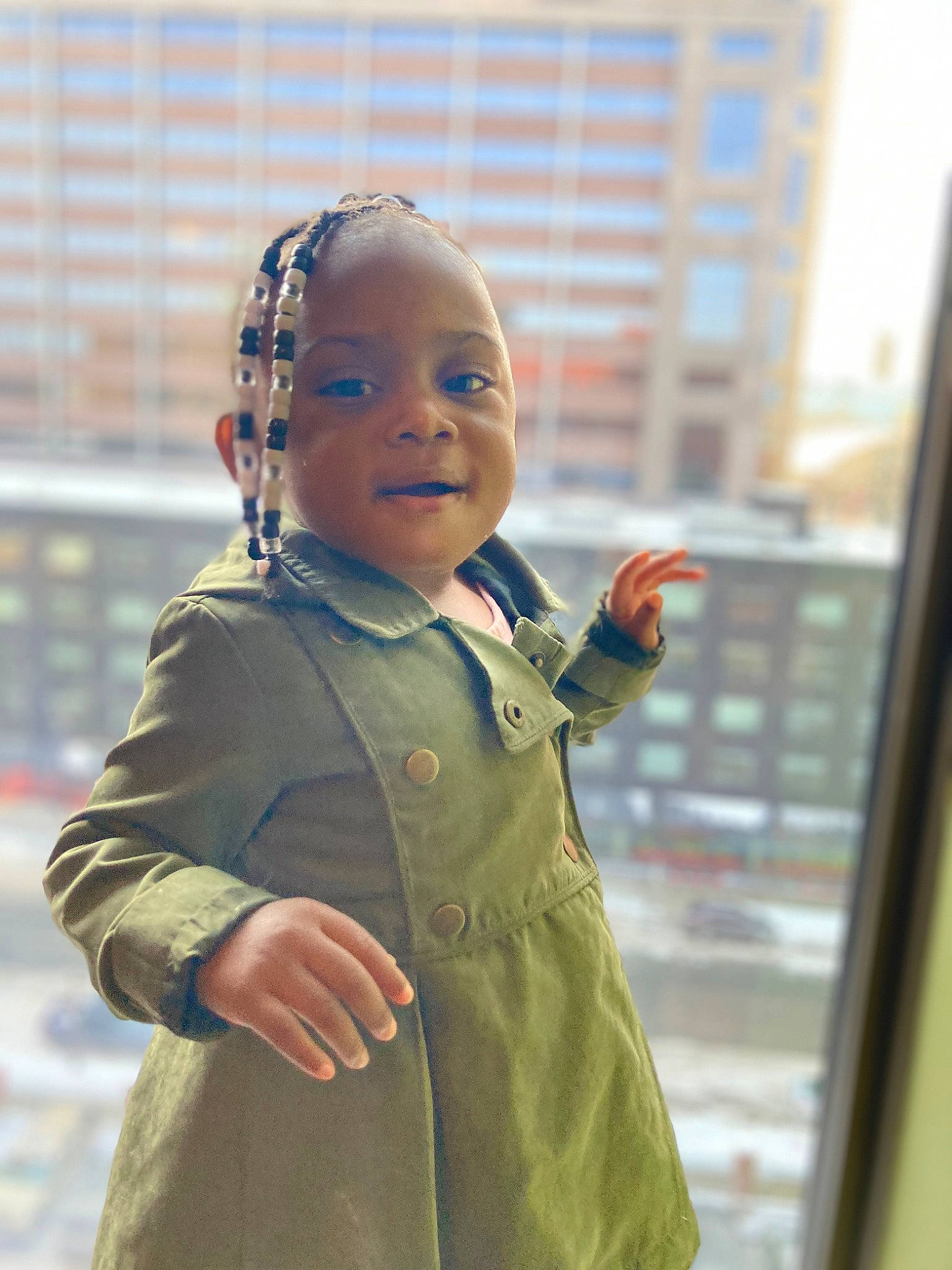 Christa joined the competition — help win amazing prizes! cap, child, eye, fashion_accessory, fashion_design, fun, fur, gesture, hairstyle, happy, headgear, jacket, military_uniform, outerwear, person, skin, sleeve, smile, standing, toddler