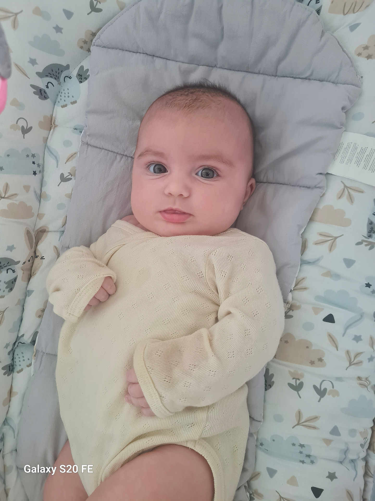 Garance participe au concours pour gagner de l'argent avec cette photo : baby, infant, onesie, blanket, pattern, owl, cloud, soft, cute, lying_down, child, portrait, indoors, cozy, looking_at_camera, young, small_hands, head, face, curious