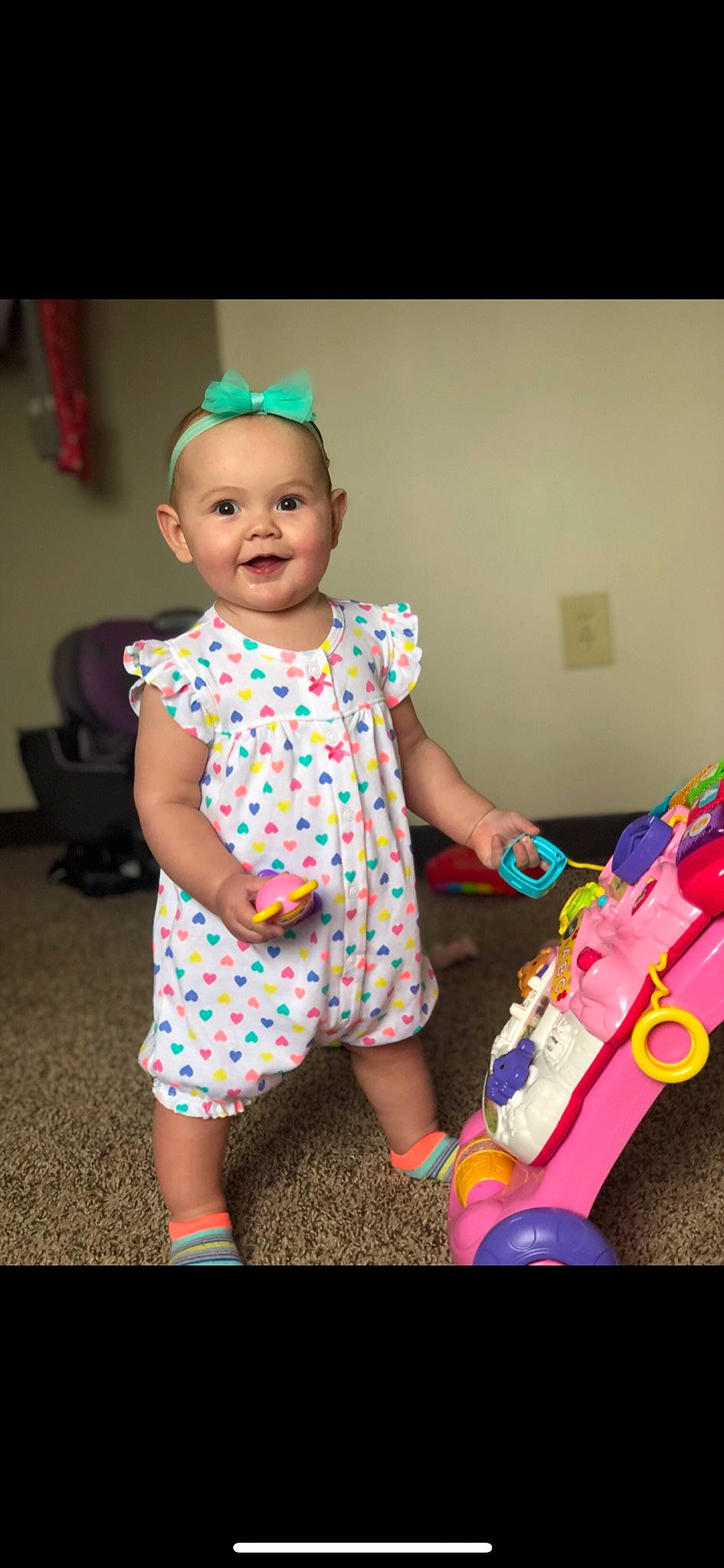 Briley joined the competition — help win amazing prizes! baby, baby_toddler_clothing, child, fun, headgear, pattern, person, play, shoe, smile, toddler