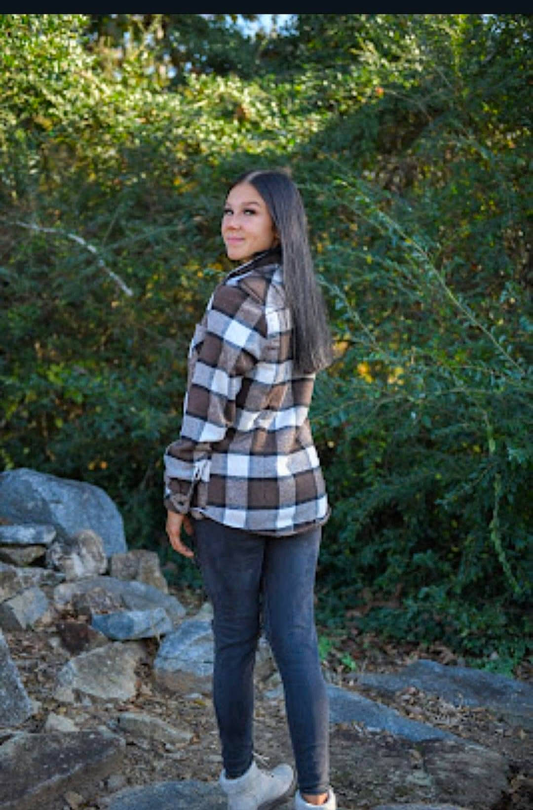 Haley joined the competition — help win amazing prizes! blazer, branch, denim, electric_blue, flash_photography, forest, grass, grey, human_leg, joy, knee, long_hair, pattern, people_in_nature, person, plaid, sleeve, tartan, thigh, twig