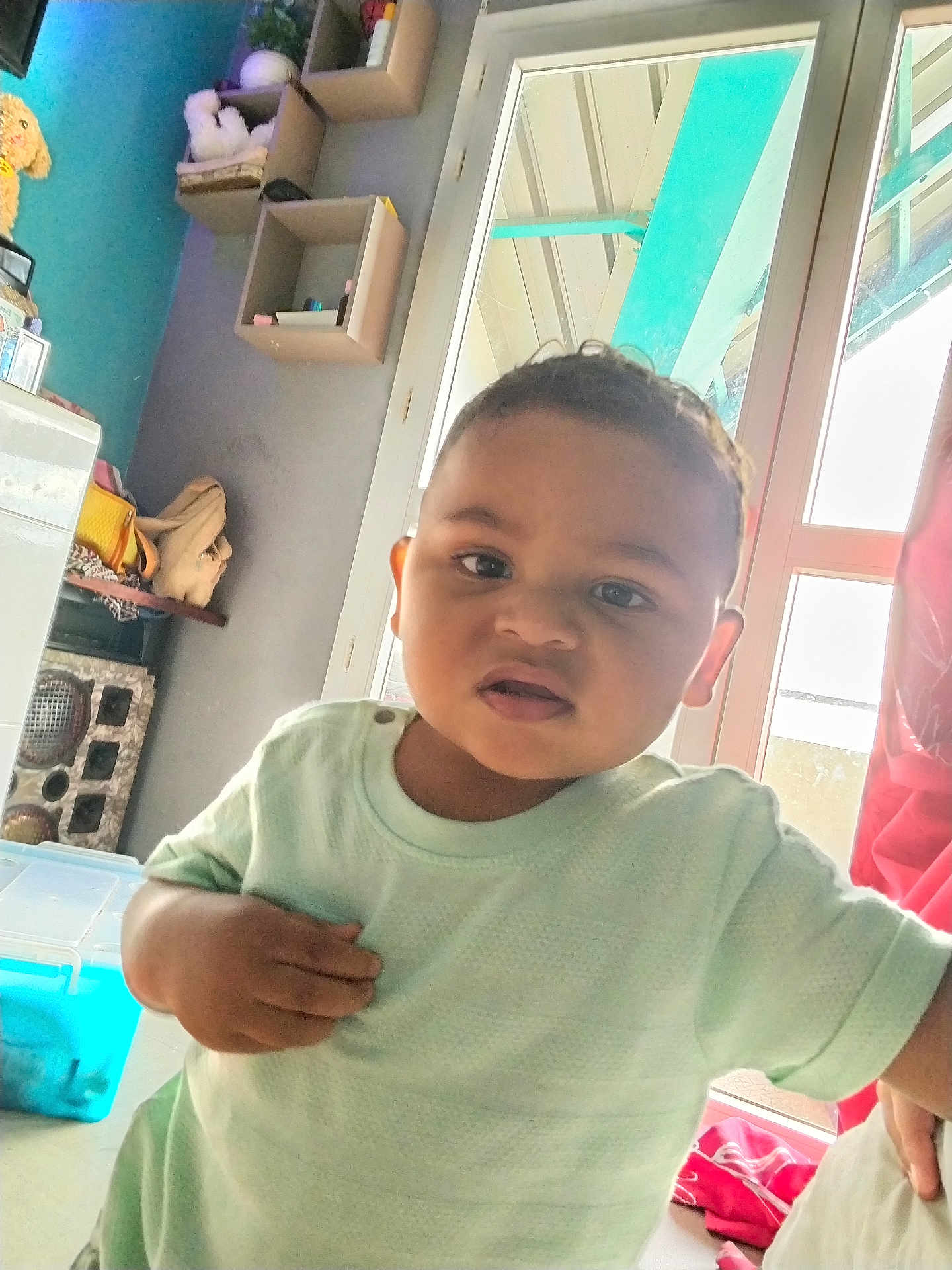 Maëlan participe au concours pour gagner de l'argent avec cette photo : toddler, child, indoor, window, shirt, face, expression, furniture, toy, shelf, natural_light, curious, person, home, wall, hand, floor, room, casual_clothing, young_child