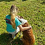 Keba joined the competition — help win amazing prizes! person, dog, grass, outdoor, sunlight, greenery, hugging, long_hair, casual_clothing, back_view, pet, nature, affection, yard, potted_plant, brown_dog, white_dog, shadow, grass_field, companionship