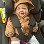 baby, bear_ears, car_interior, car_seat, child, clothing, cozy, cute, face, hands, happy, hood, infant, jacket, safety, seatbelt, smile, toy, transportation, warm