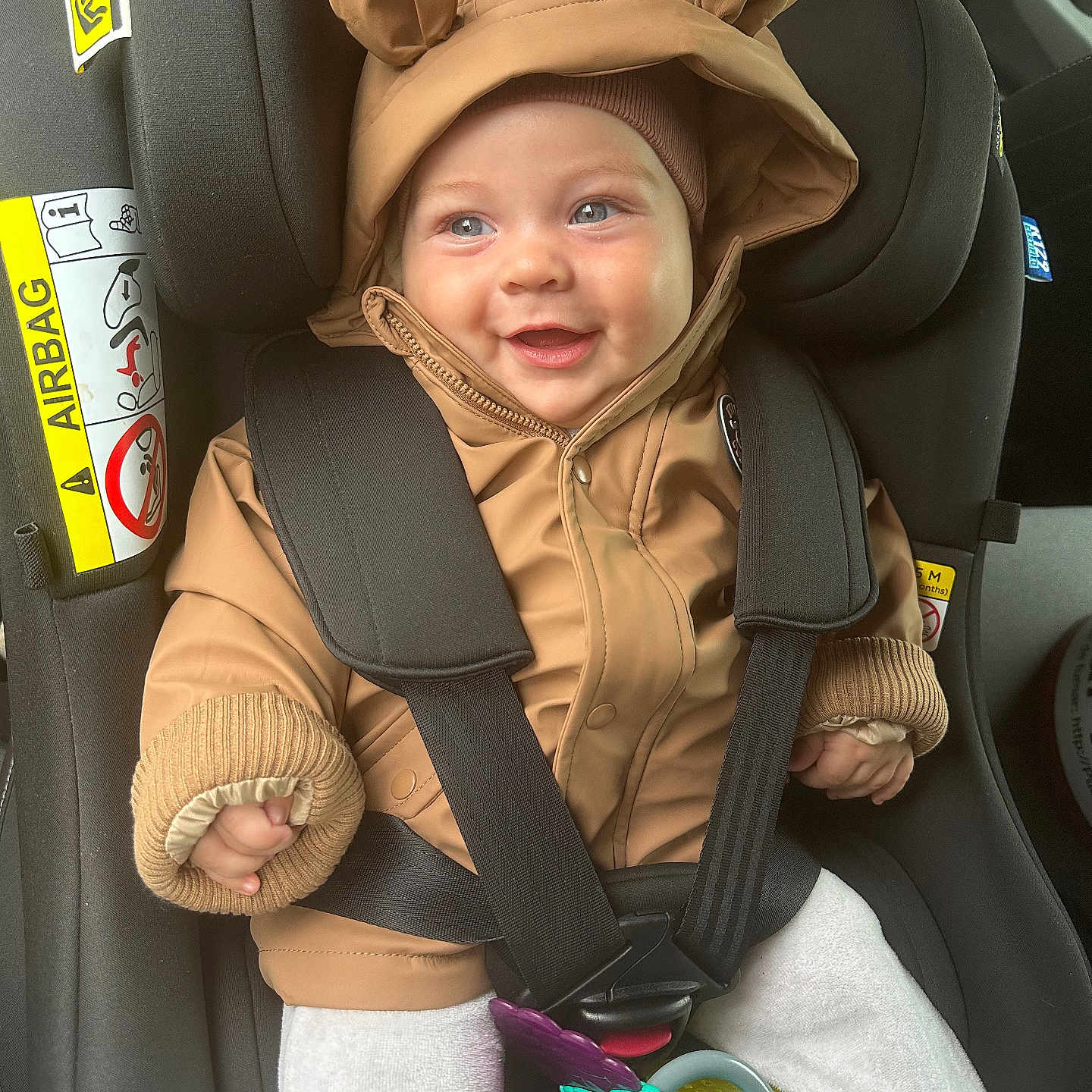 Isaël participe au concours pour gagner de l'argent avec cette photo : baby, bear_ears, car_interior, car_seat, child, clothing, cozy, cute, face, hands, happy, hood, infant, jacket, safety, seatbelt, smile, toy, transportation, warm