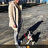 man, dog, australian_shepherd, pet, owner, outdoor, sunny, gravel, building, fence, shadow, leash, sitting, fluffy, black_white_brown, portrait, full_body, casual_clothing, smiling, text_overlay