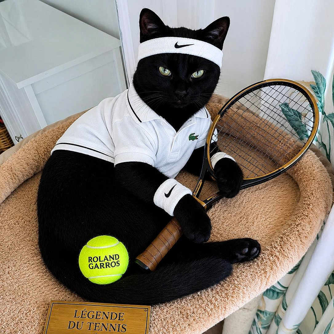 Togo a rejoint le concours — aidez-le/la à gagner de superbes lots ! cat, black_cat, tennis_racket, tennis_ball, headband, wristbands, polo_shirt, cat_bed, indoor, plaque, sports, pet, animal, feline, roland_garros, white_clothing, cozy, cute, resting, portrait