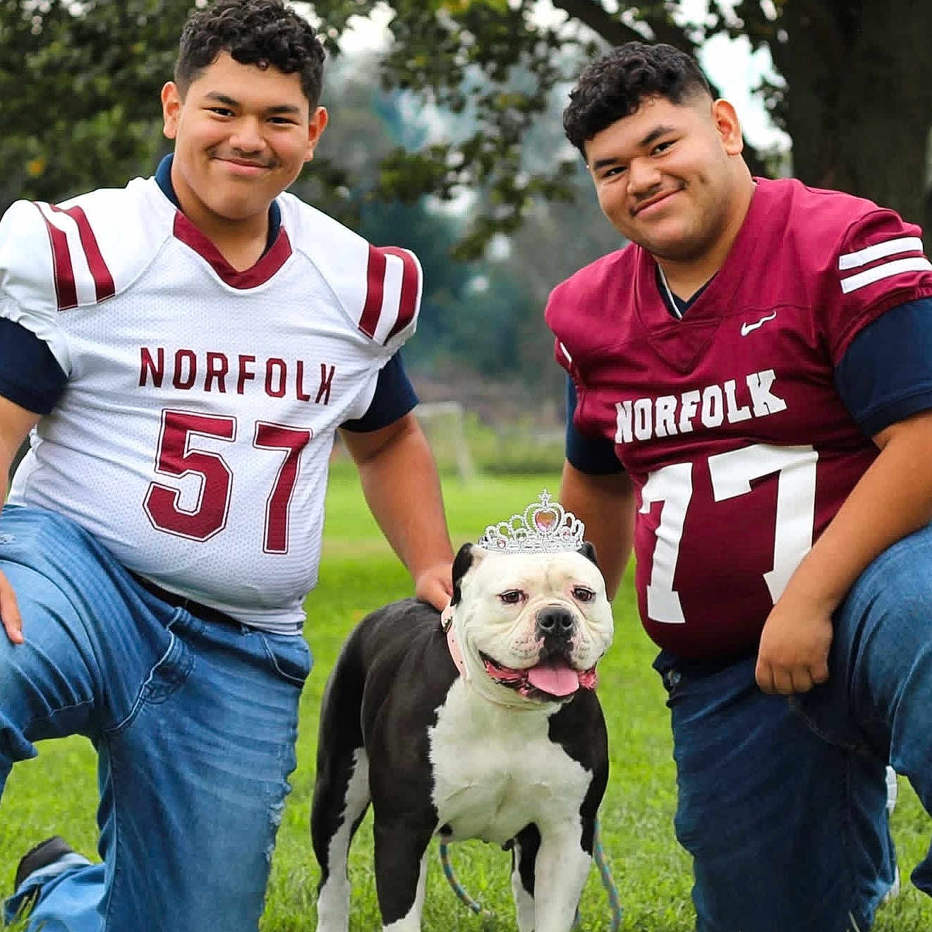 Princess is registered to the contest to win money with this photo: bulldog, dog, football, football_players, sports_jerseys, team_portrait, outdoor, park, grass, family, two_people, smiling, crown, pet, athlete, sports, uniform, portrait, trees, daylight