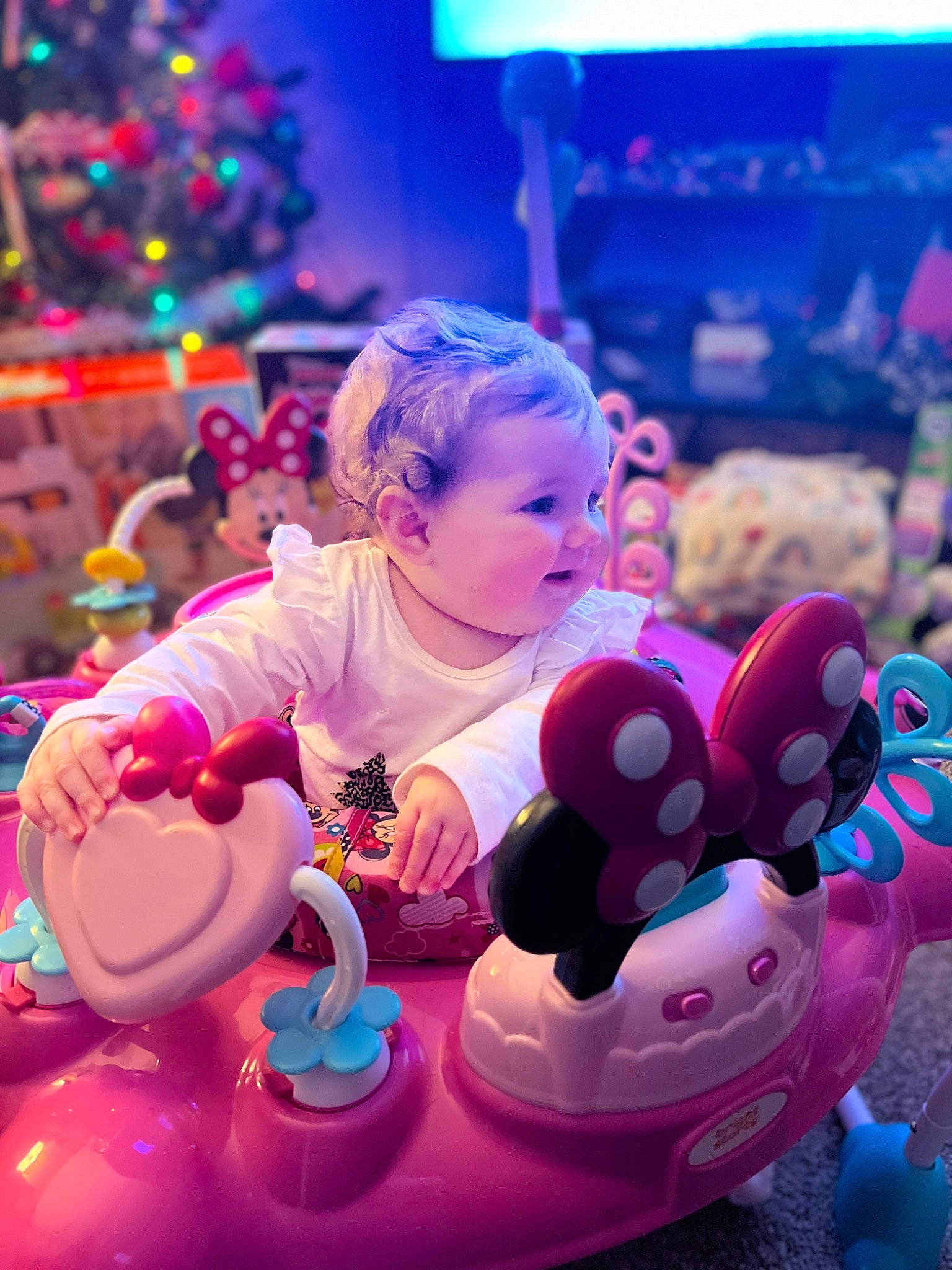 Paisleigh joined the competition — help win amazing prizes! blue, child, christmas_tree, entertainment, event, fun, happy, holiday, leisure, light, lighting, magenta, person, pink, play, purple, recreation, snapshot, toddler, toy