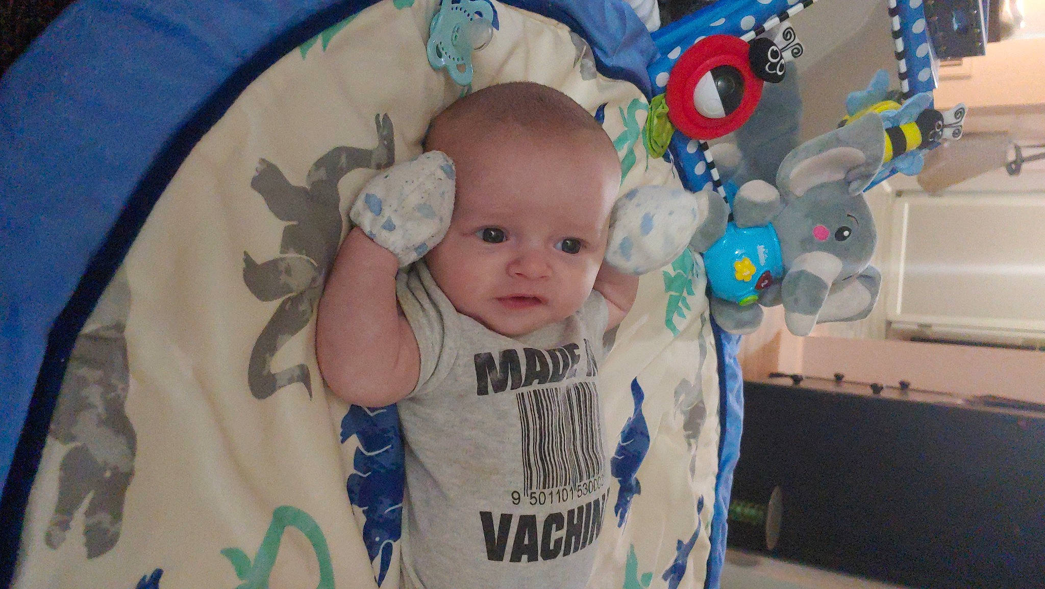 Emmitt joined the competition — help win amazing prizes! azure, baby, baby_products, baby_toddler_clothing, blue, cheek, child, fun, happy, iris, people, person, product, skin, sleeve, smile, t_shirt, textile, toddler, toy