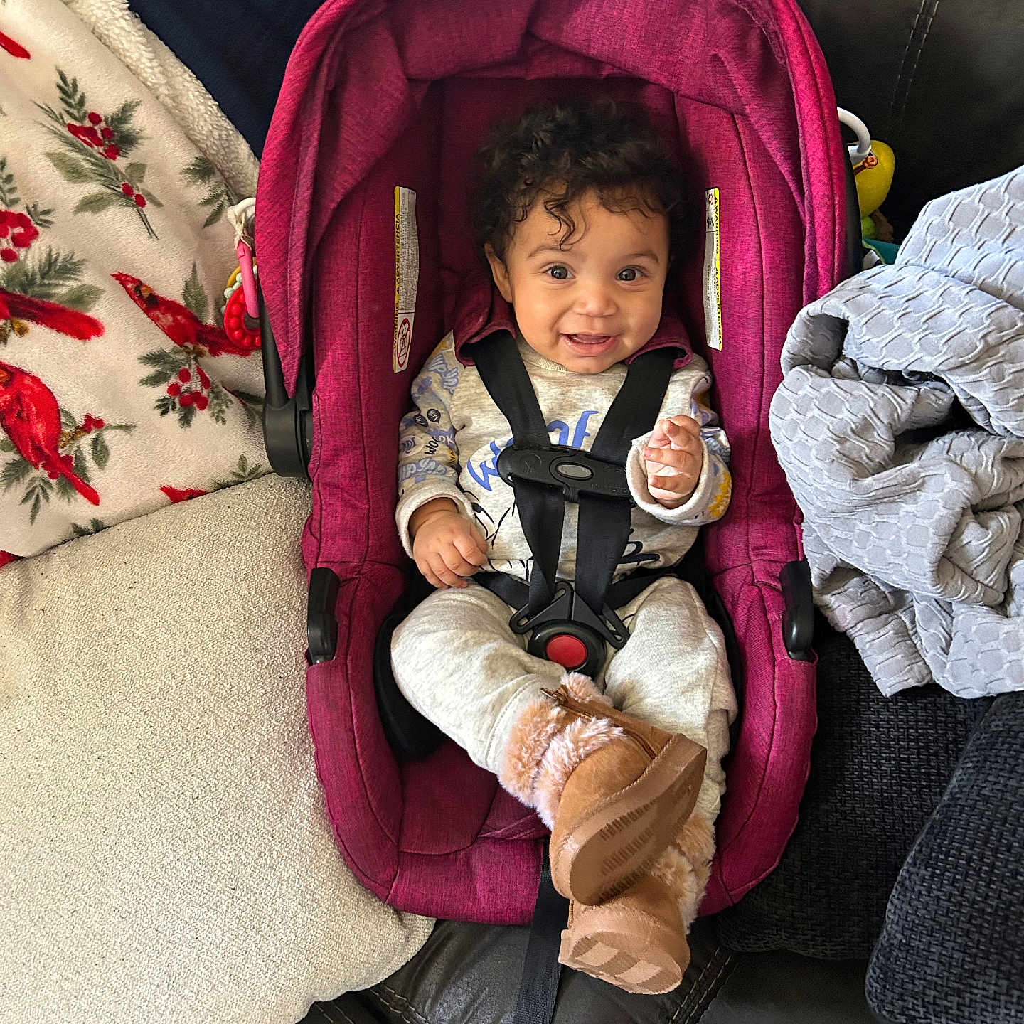 Aurora joined the competition — help win amazing prizes! baby, blanket, boots, car_seat, child, clothing, comfort, couch, cozy, curly_hair, fabric, happy, home, indoor, infant, person, pillow, portrait, seatbelt, smiling