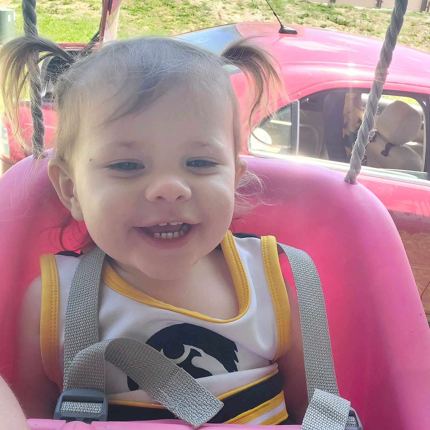 Freya joined the competition — help win amazing prizes! accessories, baby, bag, car, child, face, female, girl, grass, head, outdoorplayarea, outdoors, person, photography, plant, playarea, portrait, toy, transportation, vehicle