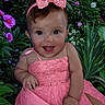 baby, child, pink_dress, bow, flower, garden, plants, greenery, smile, happy, cute, infant, nature, outdoor, portrait, sparkle, glitter, face, headband, sitting