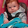 Maggie Sue joined the competition — help win amazing prizes! baby, child, infant, car_seat, blanket, pacifier, blue_bow, clothing, pink, face, person, safety_harness, cute, indoors, portrait, young_child, expression, seat, toddler, blanket_pattern