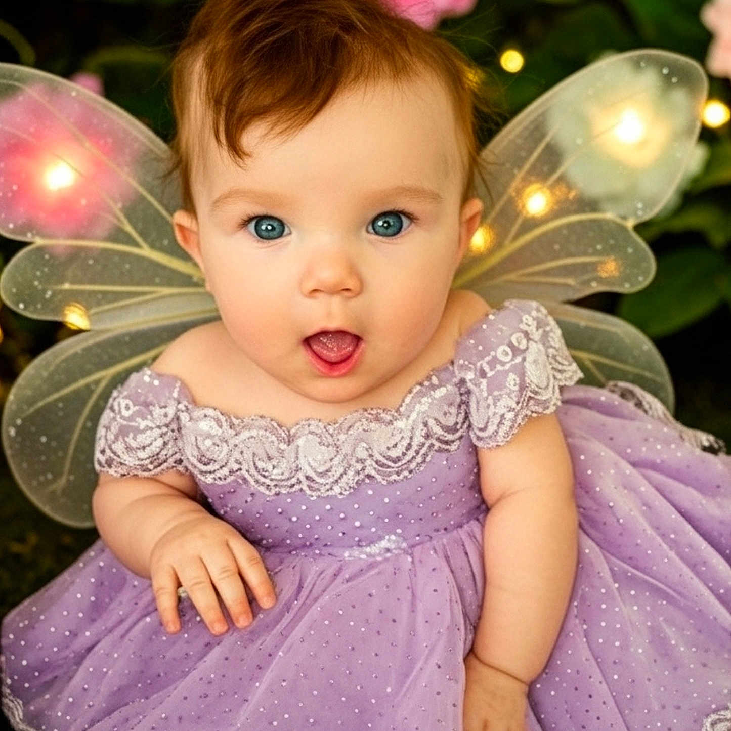 Maggie Sue is registered to the contest to win money with this photo: baby, child, fairy_wings, lavender_dress, sparkles, blue_eyes, flower, greenery, glowing_lights, portrait, cute, costume, lace, baby_fashion, magic, outdoor, smiling, innocence, fantasy, colorful
