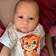 Mohammed Amine participe au concours pour gagner de l'argent avec cette photo : baby, infant, face, person, tshirt, cartoon, lion, animal_print, clothing, cute, child, portrait, lying_down, soft_texture, blanket, pink, orange, white, young, indoors
