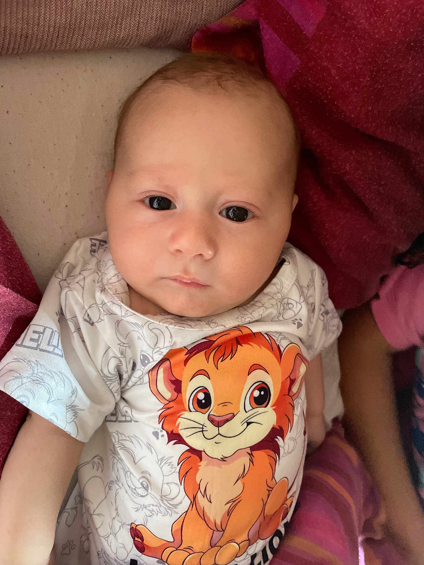 Mohammed Amine participe au concours pour gagner de l'argent avec cette photo : baby, infant, face, person, tshirt, cartoon, lion, animal_print, clothing, cute, child, portrait, lying_down, soft_texture, blanket, pink, orange, white, young, indoors