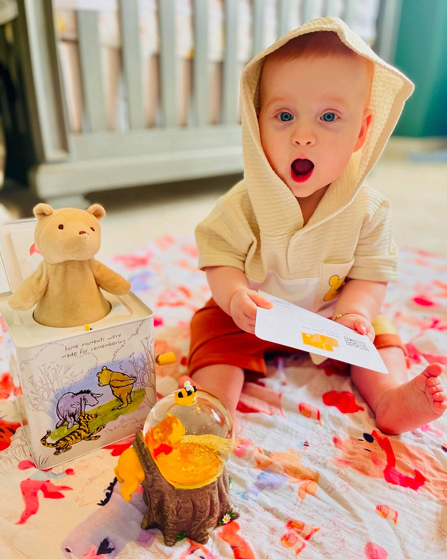 Landon joined the competition — help win amazing prizes! baby, bowl, creditcard, eating, face, food, head, person, photography, plush, portrait, sitting, surprised, teddybear, text, toy, yawning