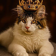 Muezza is registered to the contest to win money with this photo: cat, crown, regal, pet, animal, feline, portrait, indoor, close_up, fluffy, whiskers, gold, jewelry, relaxed, laying_down, domestic_cat, cute, orange_eyes, soft_lighting, majestic