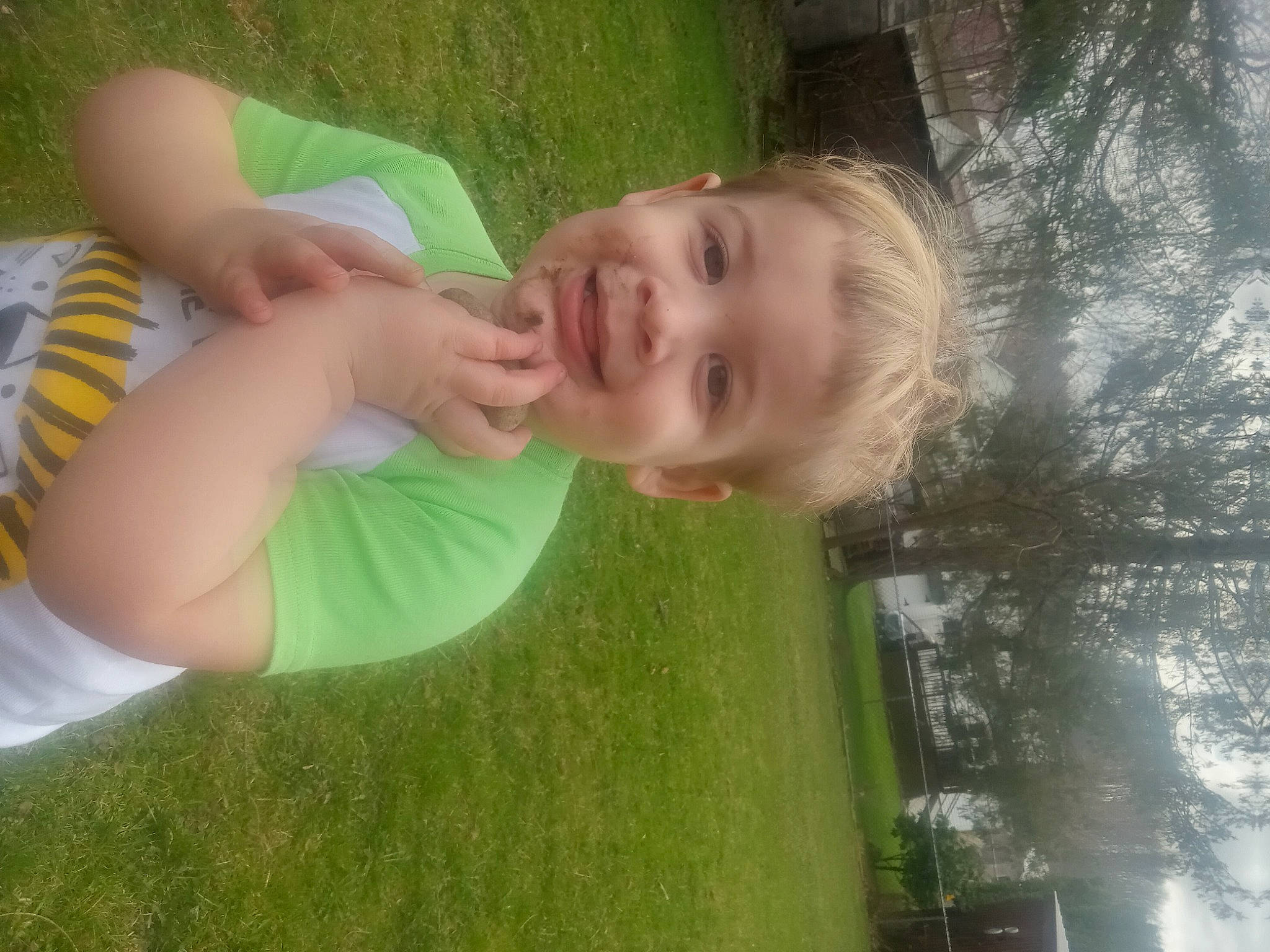 Daryl is registered to the contest to win money with this photo: baby, blond, chest, child, elbow, fun, gesture, grass, grassland, happy, joy, leisure, people_in_nature, person, plant, smile, summer, t_shirt, toddler, tree