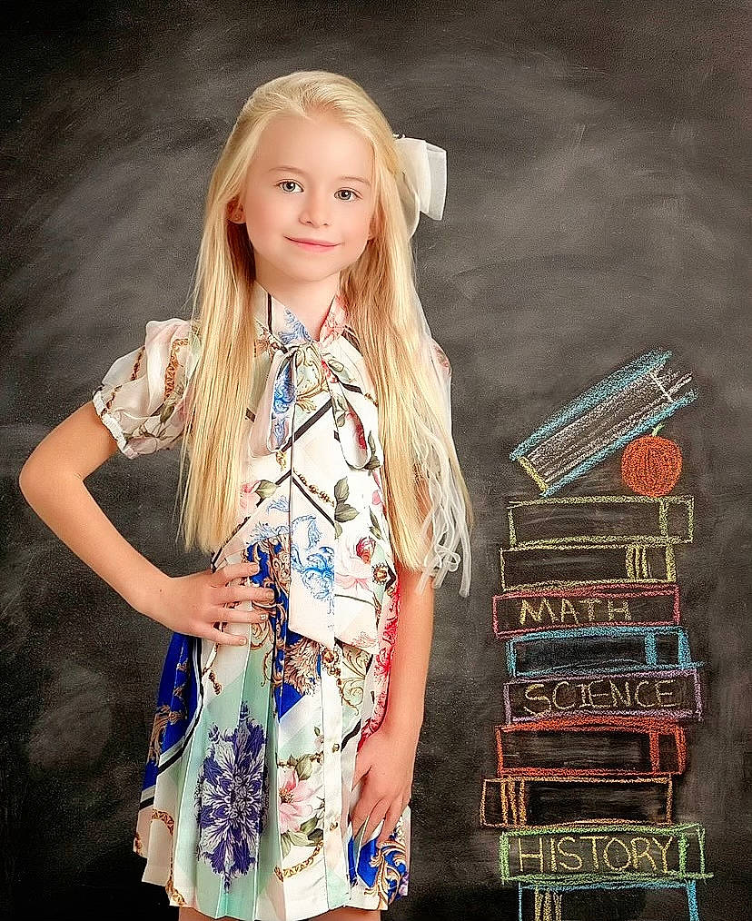 Milana joined the competition — help win amazing prizes! beauty, blackboard, cool, day_dress, denim, dress, electric_blue, fashion_design, flash_photography, hair, happy, joy, long_hair, one_piece_garment, person, sleeve, smile, standing, street_fashion, style