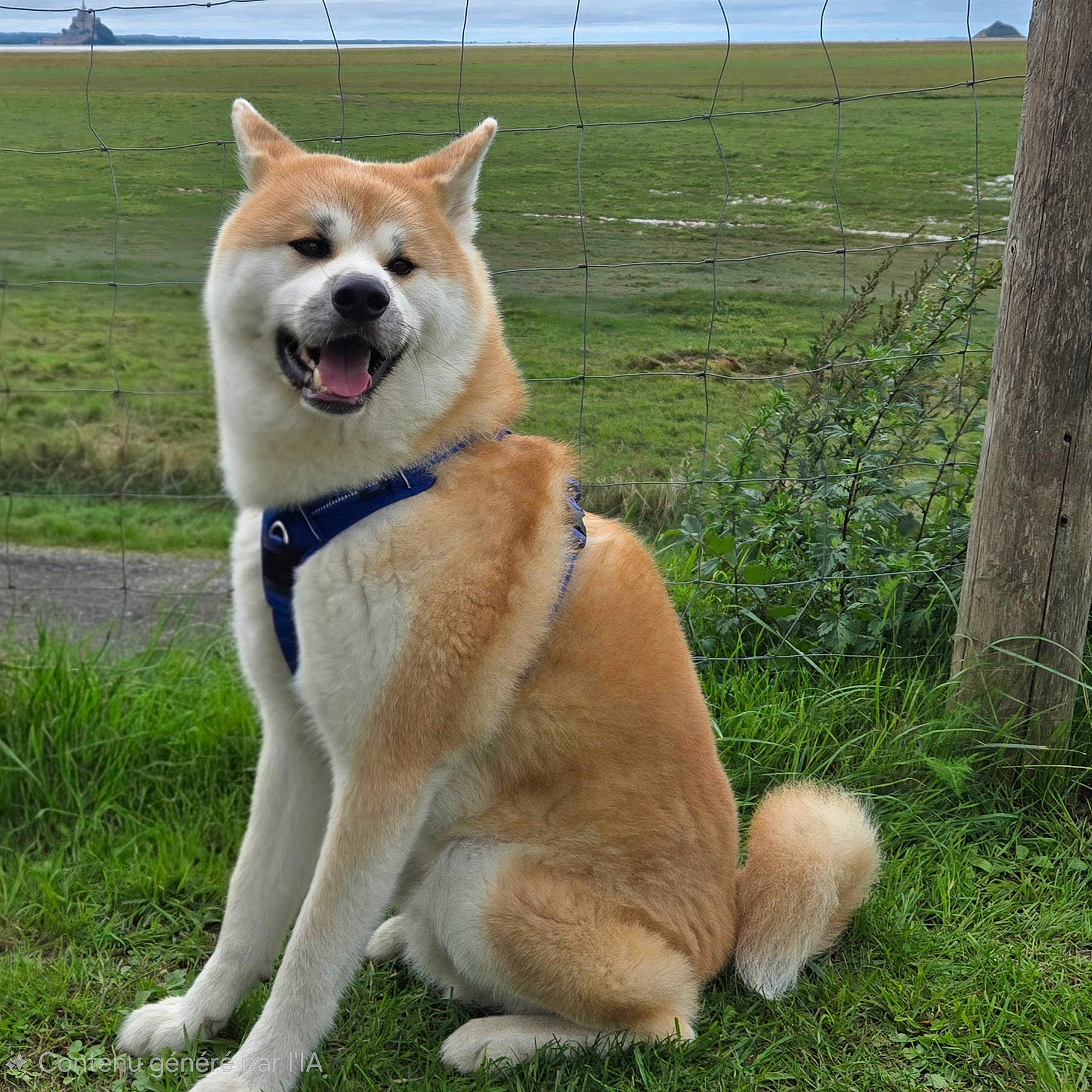 Suki a rejoint le concours — aidez-le/la à gagner de superbes lots ! akita, animal, blue_harness, canine, daylight, dog, fence, field, fur, grass, greenery, happy, leash, nature, outdoor, pet, rural, sitting, smiling, tail
