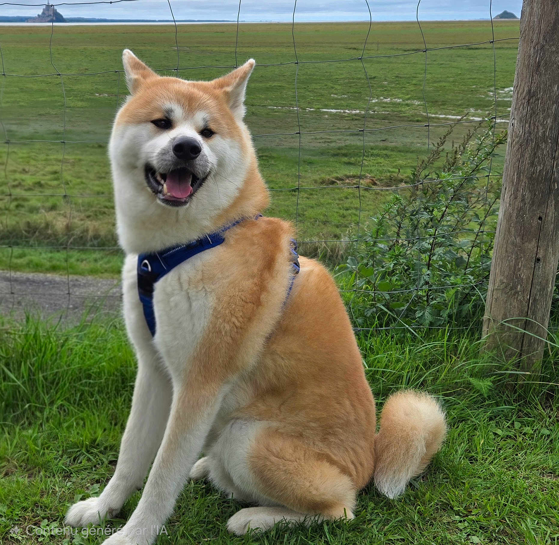 Suki a rejoint le concours — aidez-le/la à gagner de superbes lots ! akita, animal, blue_harness, canine, daylight, dog, fence, field, fur, grass, greenery, happy, leash, nature, outdoor, pet, rural, sitting, smiling, tail