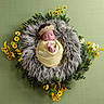 baby, newborn, sleeping, yellow_blanket, headband, faux_fur, flowers, greenery, nest, portrait, soft_texture, peaceful, wrapped, indoors, circular_arrangement, floral, infant, cute, resting, decorative