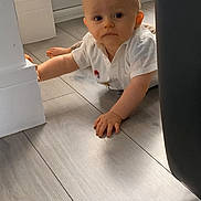 Robbie joined the competition — help win amazing prizes! baby, child, crawling, floor, white_shirt, indoor, window_blinds, wooden_floor, curious, person, infant, flooring, light, home, young_child, head, face, hands, feet, casual_clothing