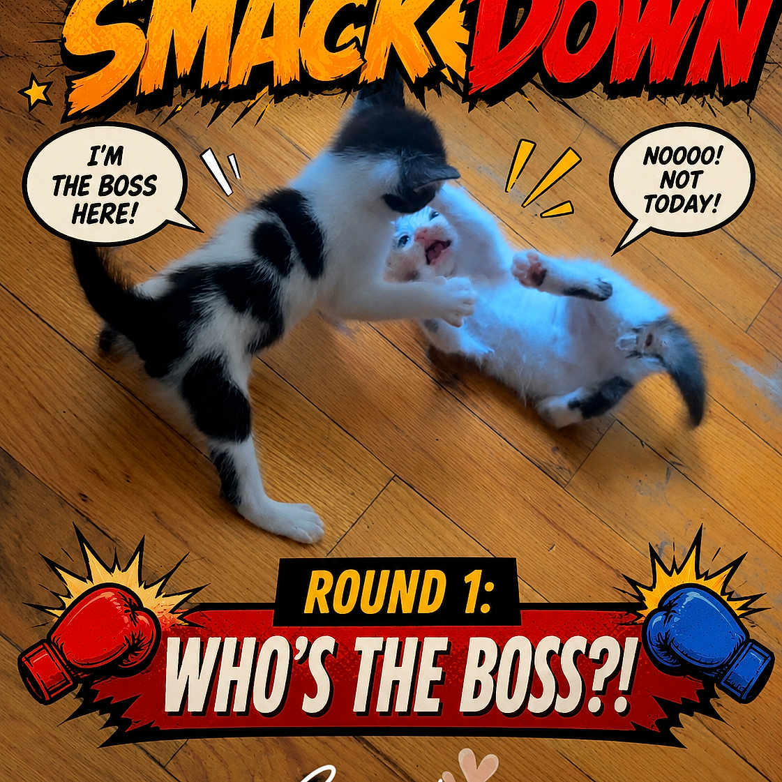 Unknown is registered to the contest to win money with this photo: cat, kitten, playful, floor, wooden_floor, black_and_white_cat, white_cat, boxing_gloves, comic_style, text_bubble, cartoon_text, fight, pets, animal, funny, indoor, play, cute, interaction, round_1