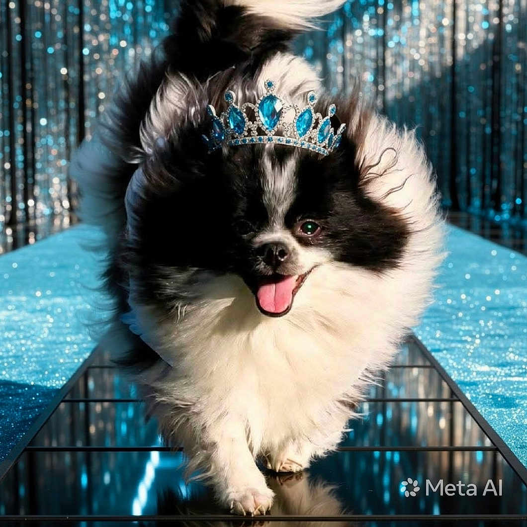 Onyx joined the competition — help win amazing prizes! dog, pomeranian, crown, runway, fashion, glitter, sparkle, blue, black_and_white, fluffy, pet, cute, portrait, walking, happy, tongue_out, celebration, stage, glamour, shine