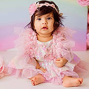 Vamika Reddy is registered to the contest to win money with this photo: baby, child, girl, pink_dress, headband, flower, sitting, cute, portrait, indoors, soft_lighting, tulle, sequins, happy, barefoot, infant, adorable, closeup, decor, pastel_background