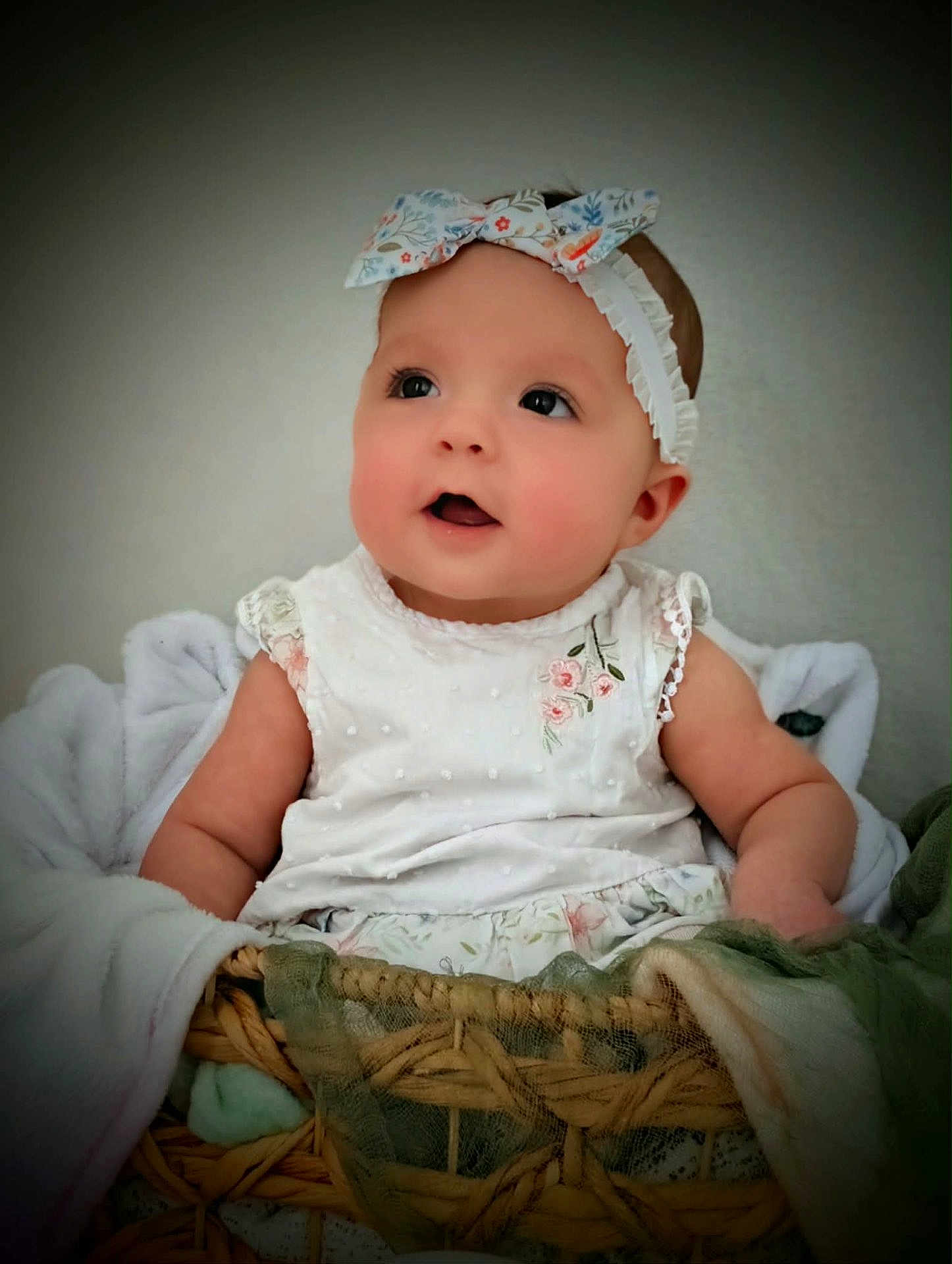 Winslie joined the competition — help win amazing prizes! baby, infant, child, headband, bow, dress, floral, basket, blanket, soft_texture, rosy_cheeks, portrait, smile, eyes, eyelashes, sitting, indoors, vignette, cute, fabric