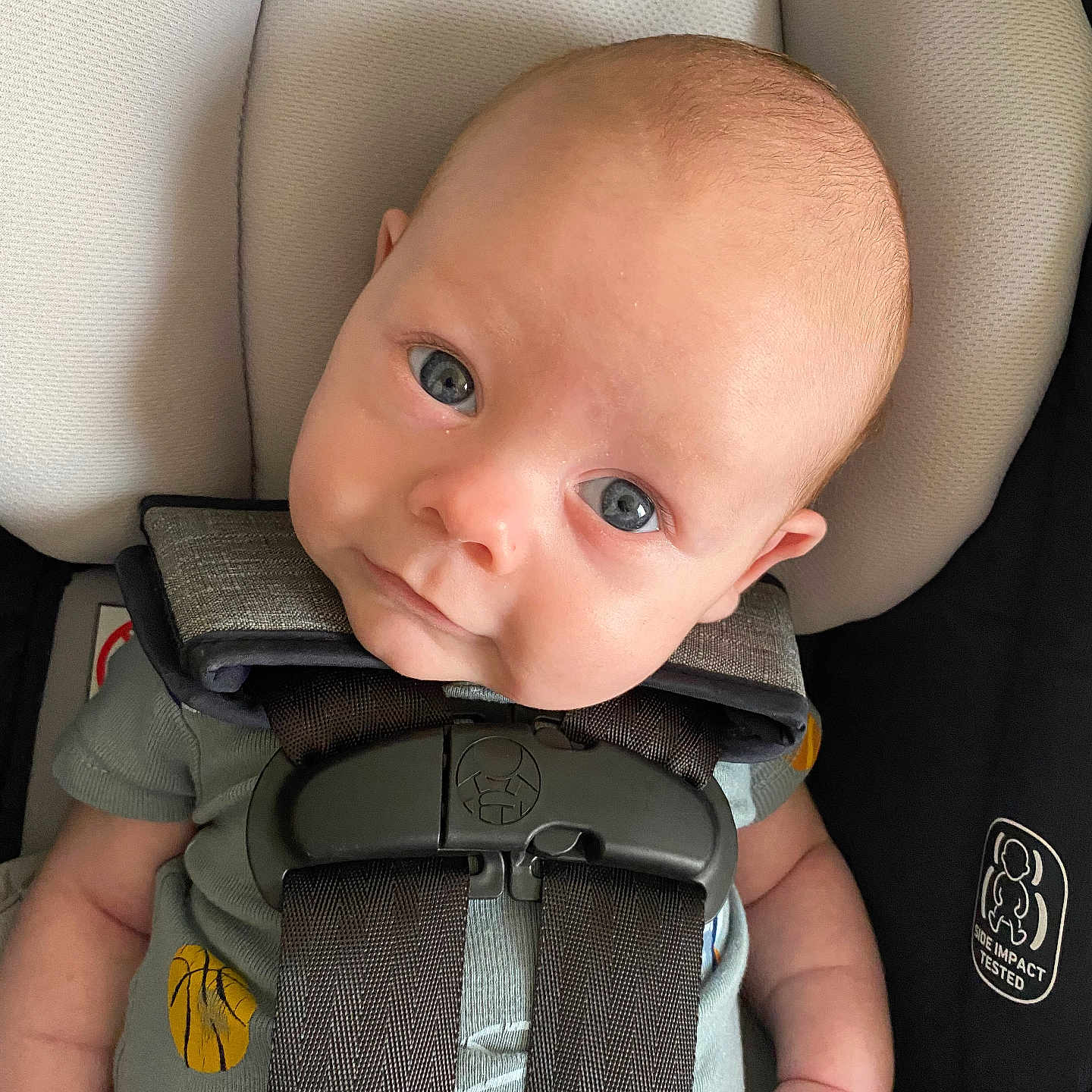 Xavier is registered to the contest to win money with this photo: accessories, baby, belt, car, car_interior, carseat, clothing, cushion, face, gun, head, homedecor, lifejacket, person, photography, portrait, transportation, vehicle, vest, weapon