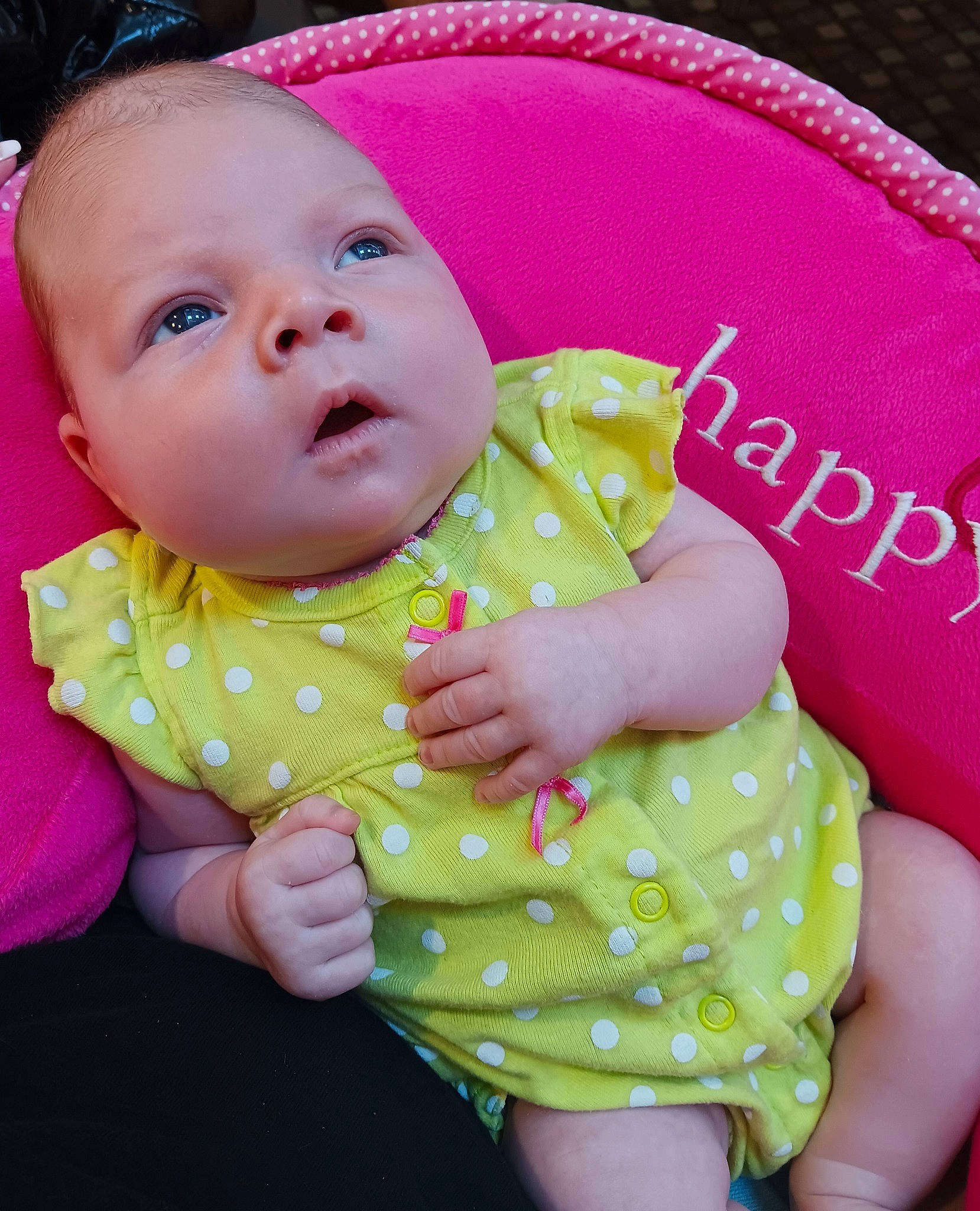 Brielle joined the competition — help win amazing prizes! baby, baby_products, baby_toddler_clothing, cheek, child, collar, comfort, eye, fun, grass, happy, magenta, pattern, person, pink, sitting, skin, sleeve, textile, toddler