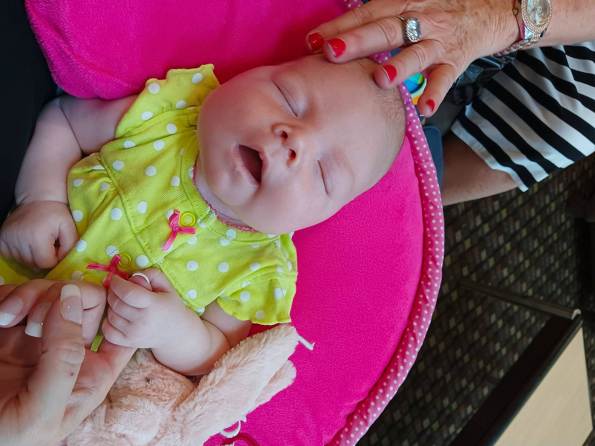 Brielle is registered to the contest to win money with this photo: baby, baby_products, baby_toddler_clothing, cheek, child, eye, eyelash, finger, gesture, hand, happy, head, lip, nail, nose, person, pink, product, skin, thumb